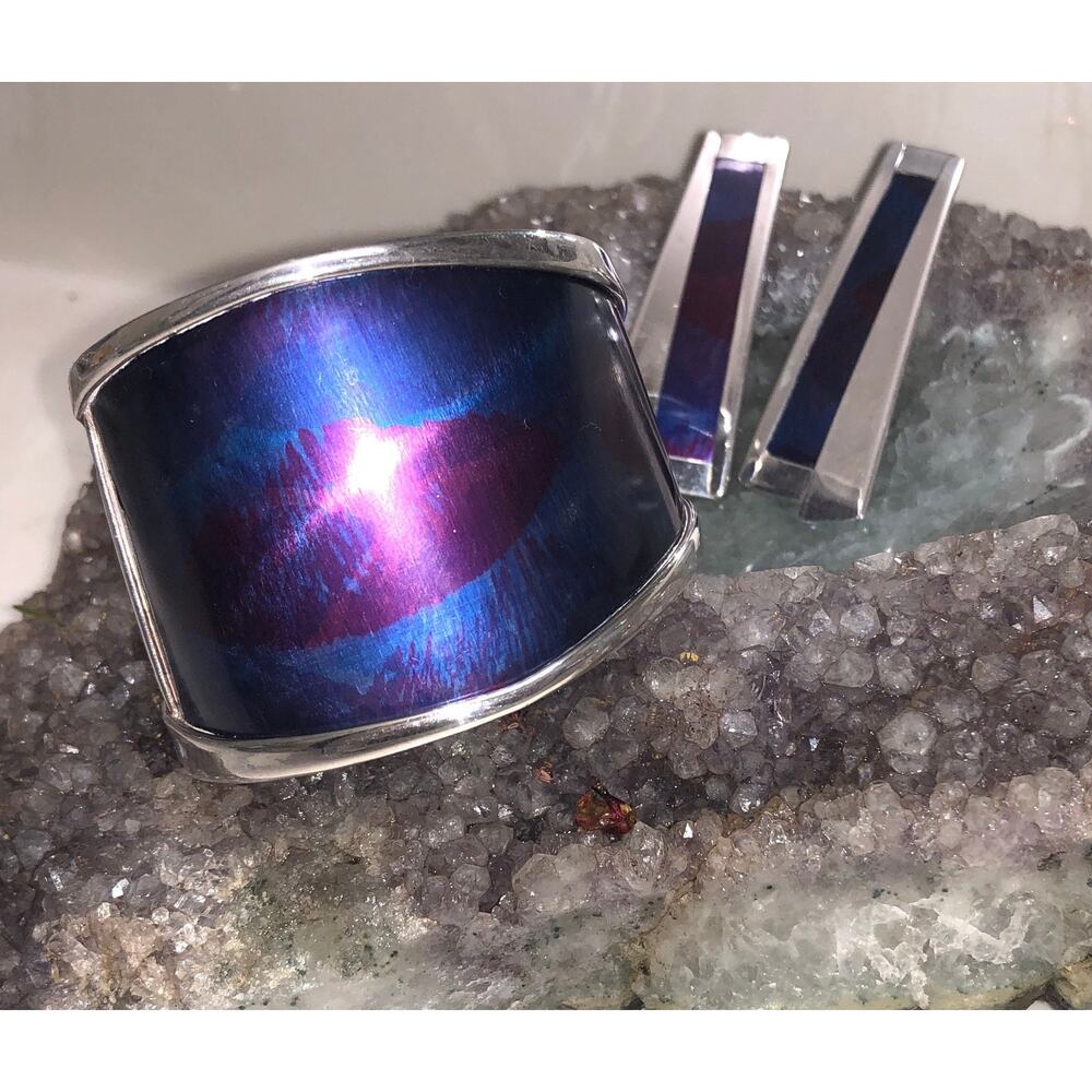 Rare Duo Sterling Enamel Cuff & Earrings Katz Turner and Wyatt Modern Jewelry
